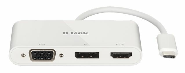 Biały adapter D-Link USB-C z portami VGA, DP i HDMI oraz białym kablem.