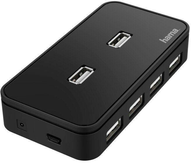 Czarny hub USB z 4 portami USB. Jest to proste urządzenie o prostokątnym kształcie.