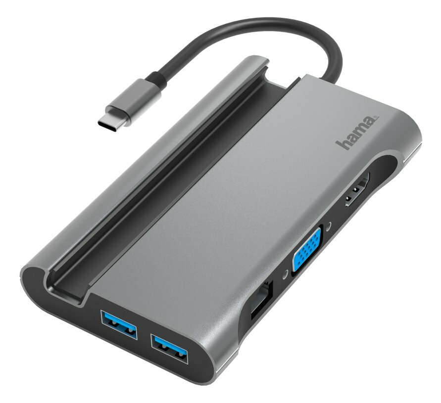 Szary hub USB-C z wieloma portami. Zawiera porty USB, HDMI i VGA. Widoczne logo Hama.