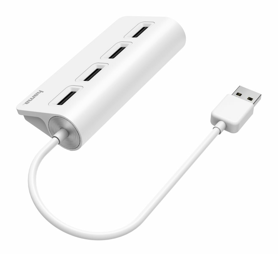 Biały hub USB z czterema portami oraz białym kablem i złączem.