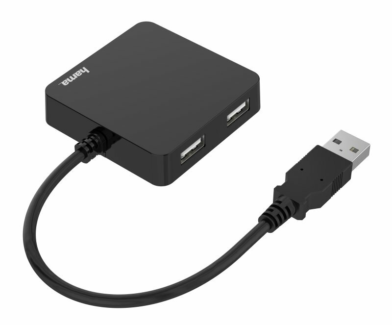 Czarny hub USB z dwoma portami USB i kablem ze złączem USB.