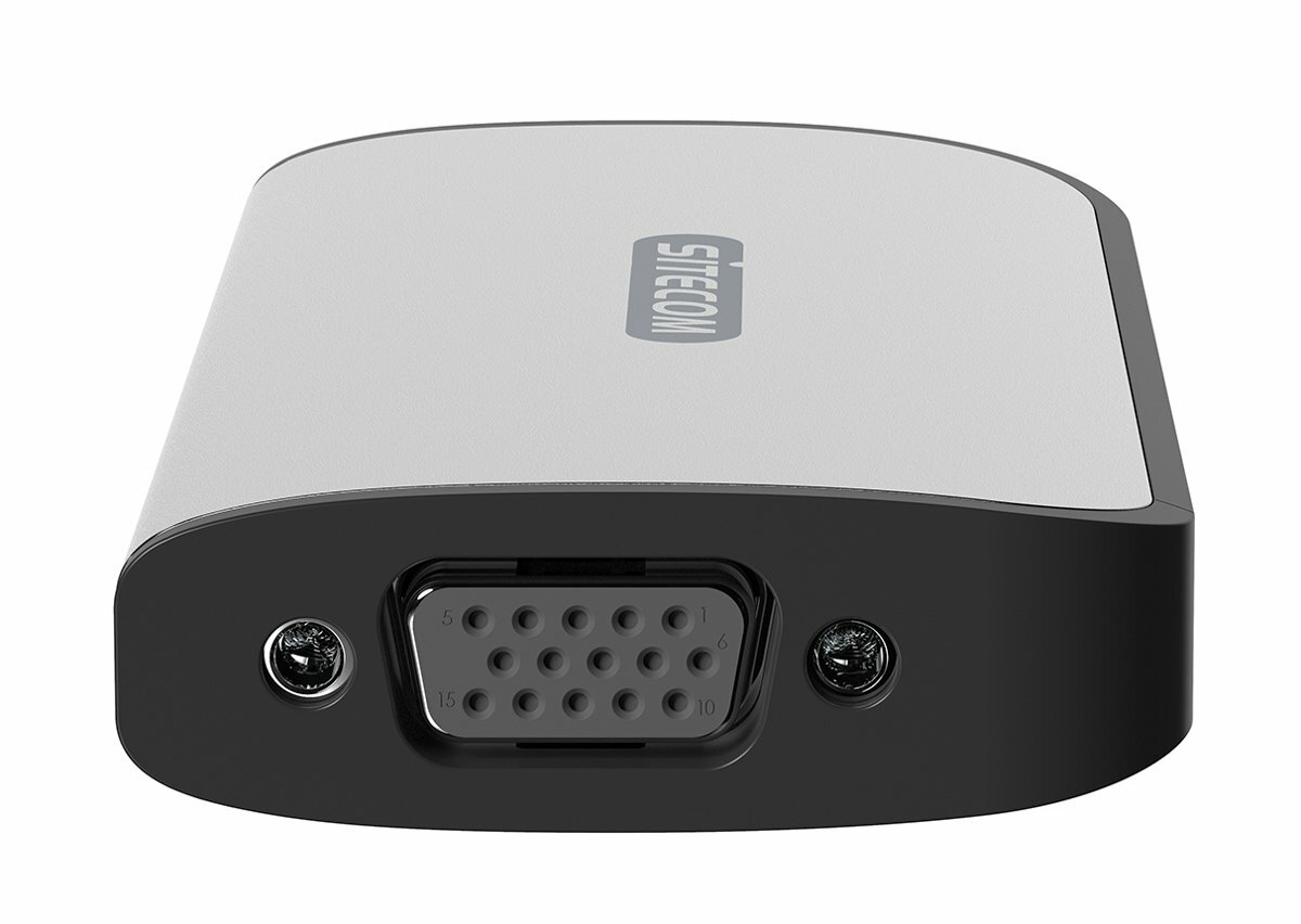 Srebrno-czarne urządzenie SITECOM. Posiada port VGA, port zasilania i logo SITECOM na górze.