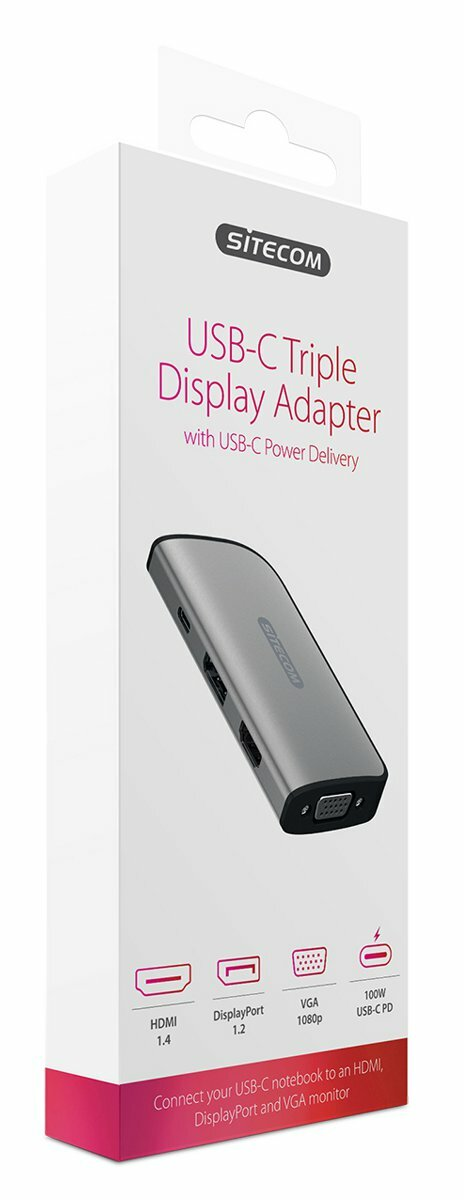 Pudełko produktu dla adaptera potrójnego wyświetlacza USB-C. Zawiera adapter, ikony HDMI, DisplayPort, VGA i USB-C PD.