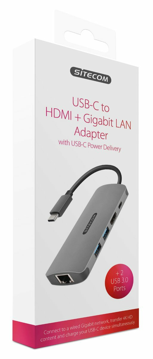 Białe pudełko z szarą przejściówką i kablem. Tekst: Adapter USB-C do HDMI + Gigabit LAN.