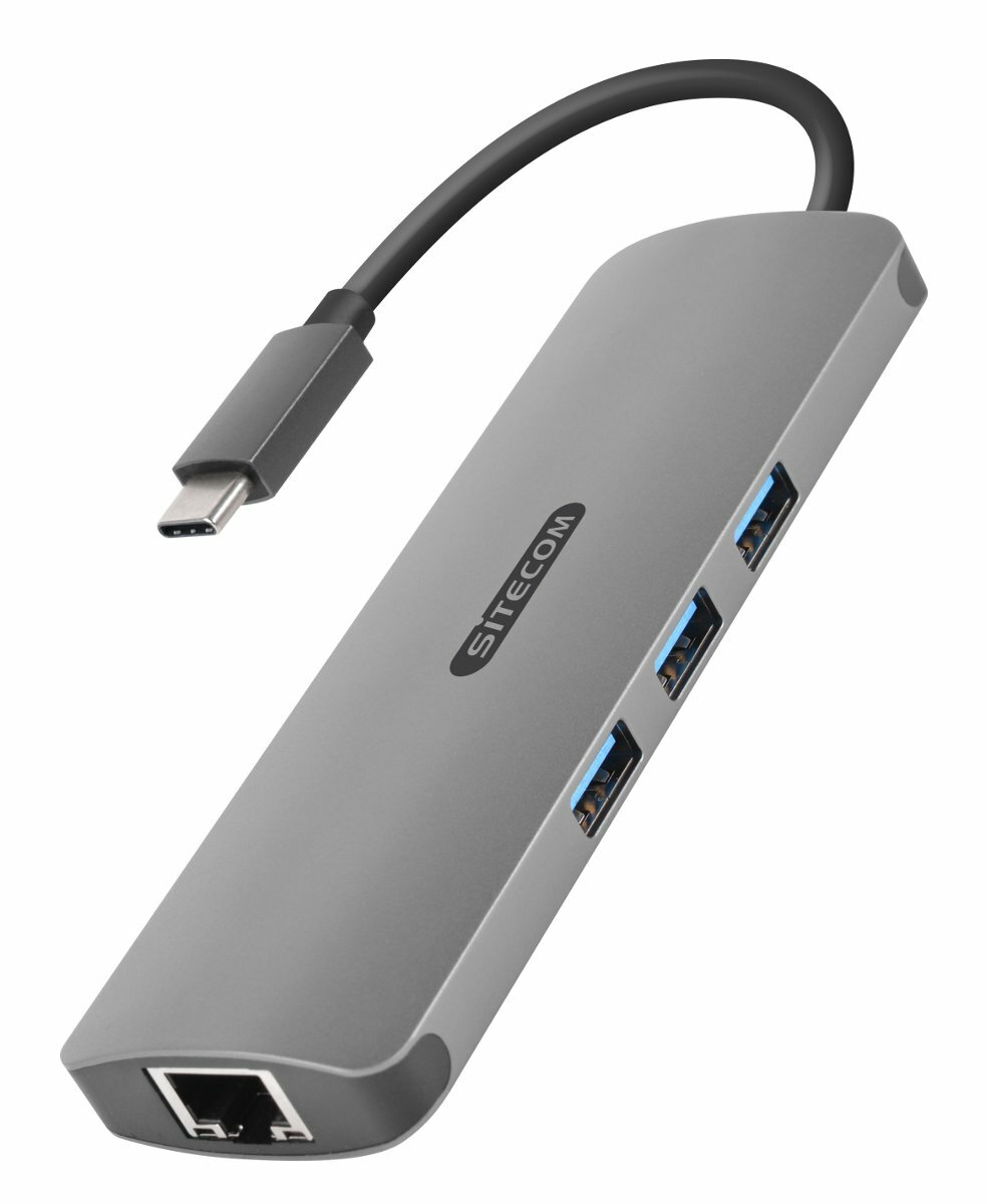 Szary hub USB-C z trzema portami USB i portem Ethernet. Marka SITECOM.