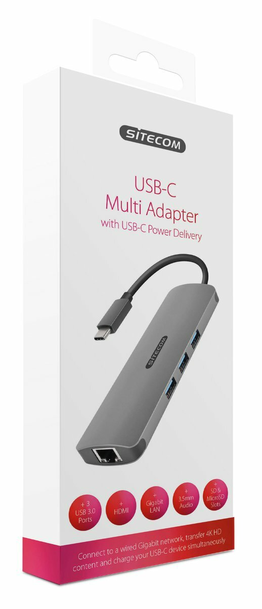 Adapter USB-C w białym pudełku. Jest szary z portami i kablem USB-C.