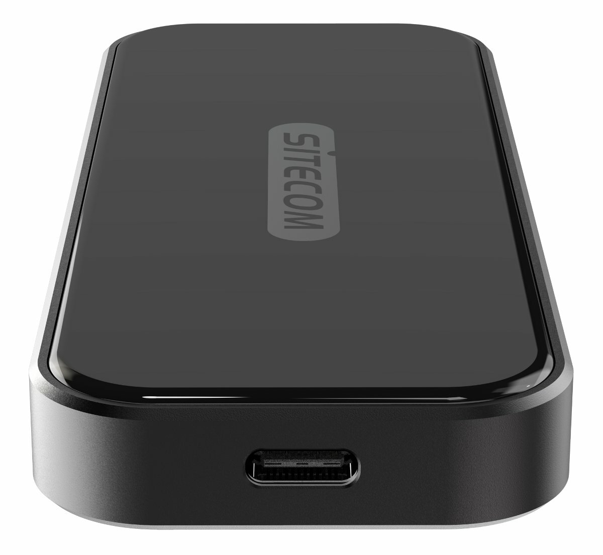 Czarne, prostokątne urządzenie z logo sitecom. Port USB znajduje się z przodu.