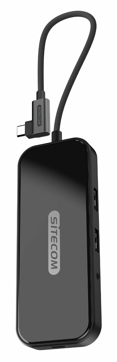 Czarny hub USB-C SITECOM ze złączem USB-C i portami.