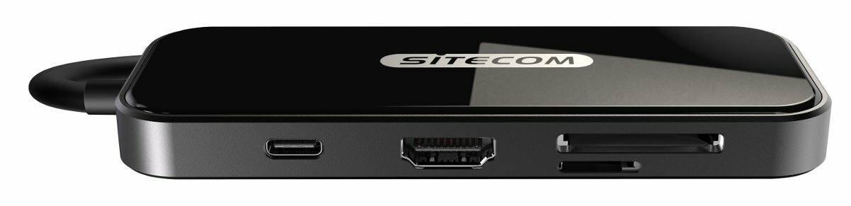 Czarna stacja dokująca Sitecom z portami: USB-C, HDMI, karta SD.