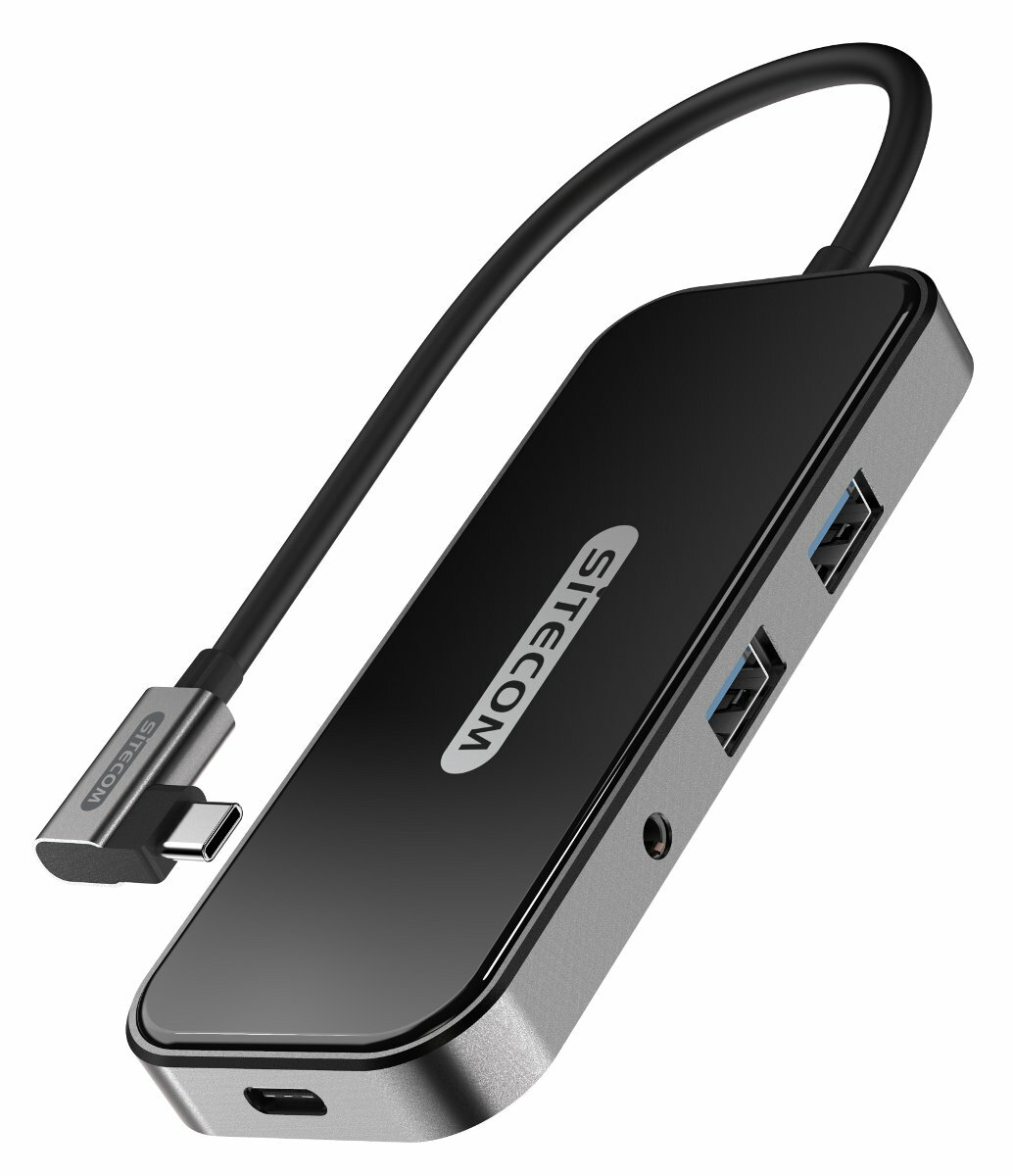Czarny i szary hub USB SITECOM z podłączonym kablem USB-C, na białym tle.