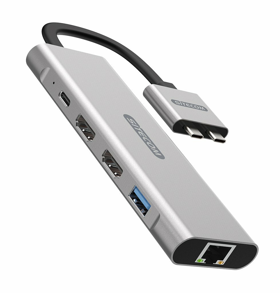 Srebrny hub USB-C Sitecom z wieloma portami i podłączonym kablem adaptera USB-C.