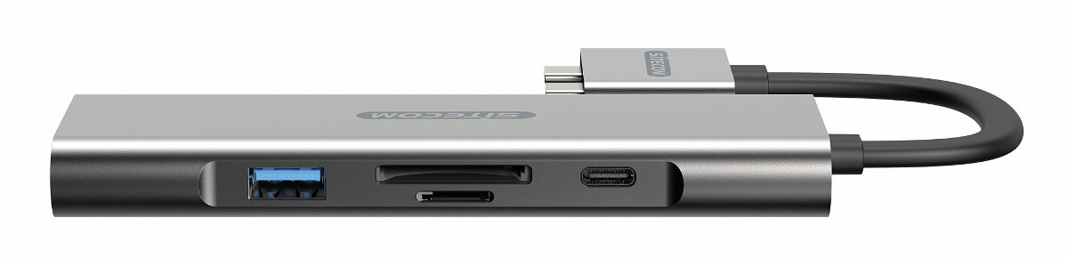 Srebrny hub USB-C Satechi z różnymi portami.