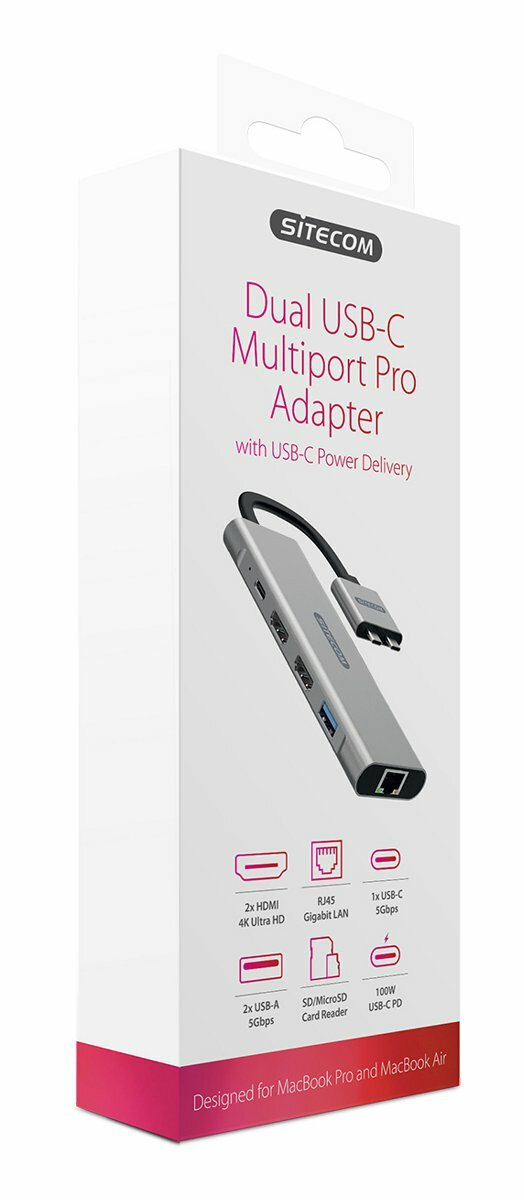 Białe pudełko z grafiką produktu i tekstem promującym adapter Sitecom Dual USB-C.