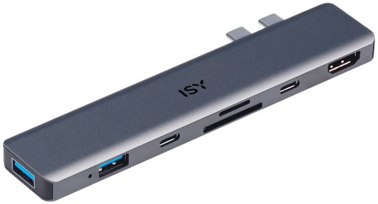 Ciemnoszary hub USB-C ISY z wieloma portami: HDMI, USB, kartą SD i USB-C.