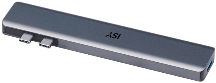Szary hub USB-C z wieloma portami USB-C i portem USB.