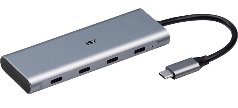 Szary hub USB-C z wieloma portami. Marka 'ISY' jest widoczna.