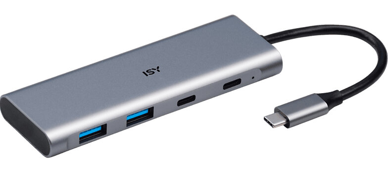 Srebrny hub USB-C z portami USB. Czarny kabel i złącze USB-C są podłączone.