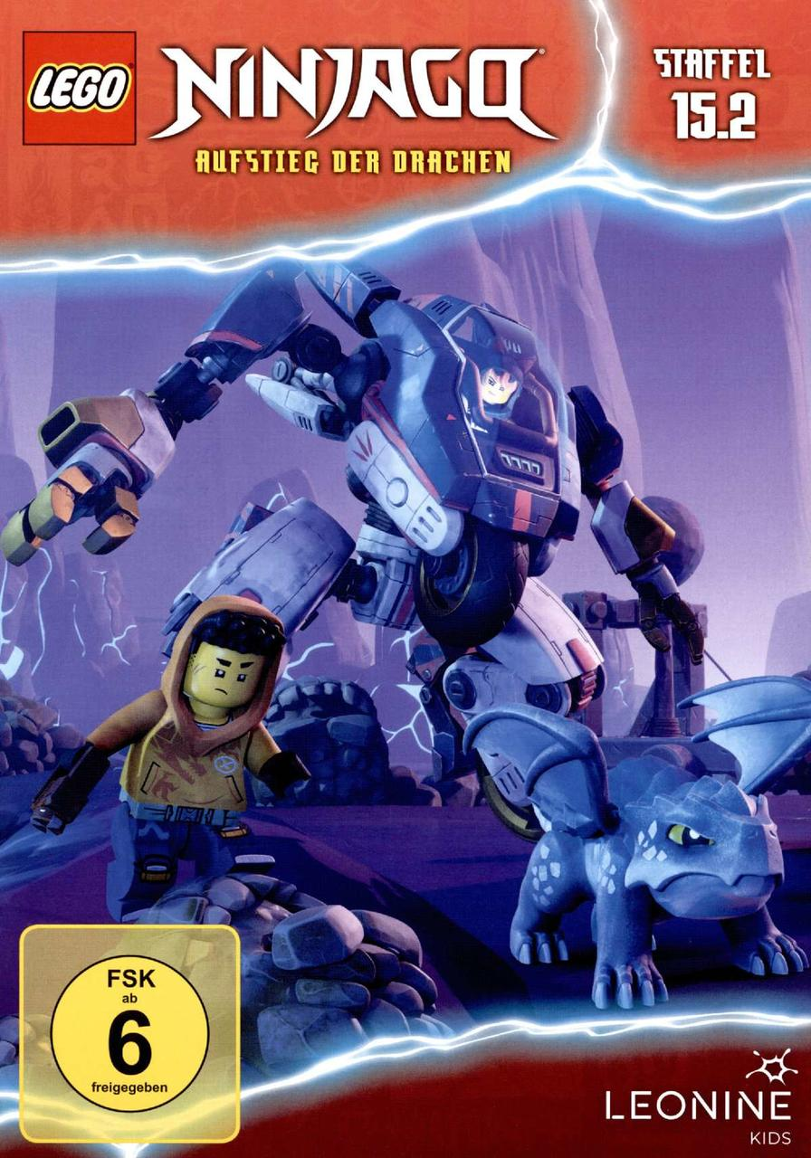 Lego Ninjago DVD-Cover mit Roboter- und Ninja-Figuren mit deutschem Text.