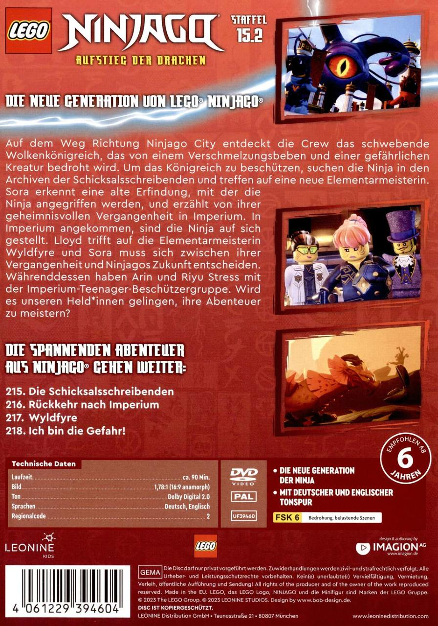 Rückseite der LEGO Ninjago DVD. Zeigt Charaktere, Text und ein DVD-Logo.