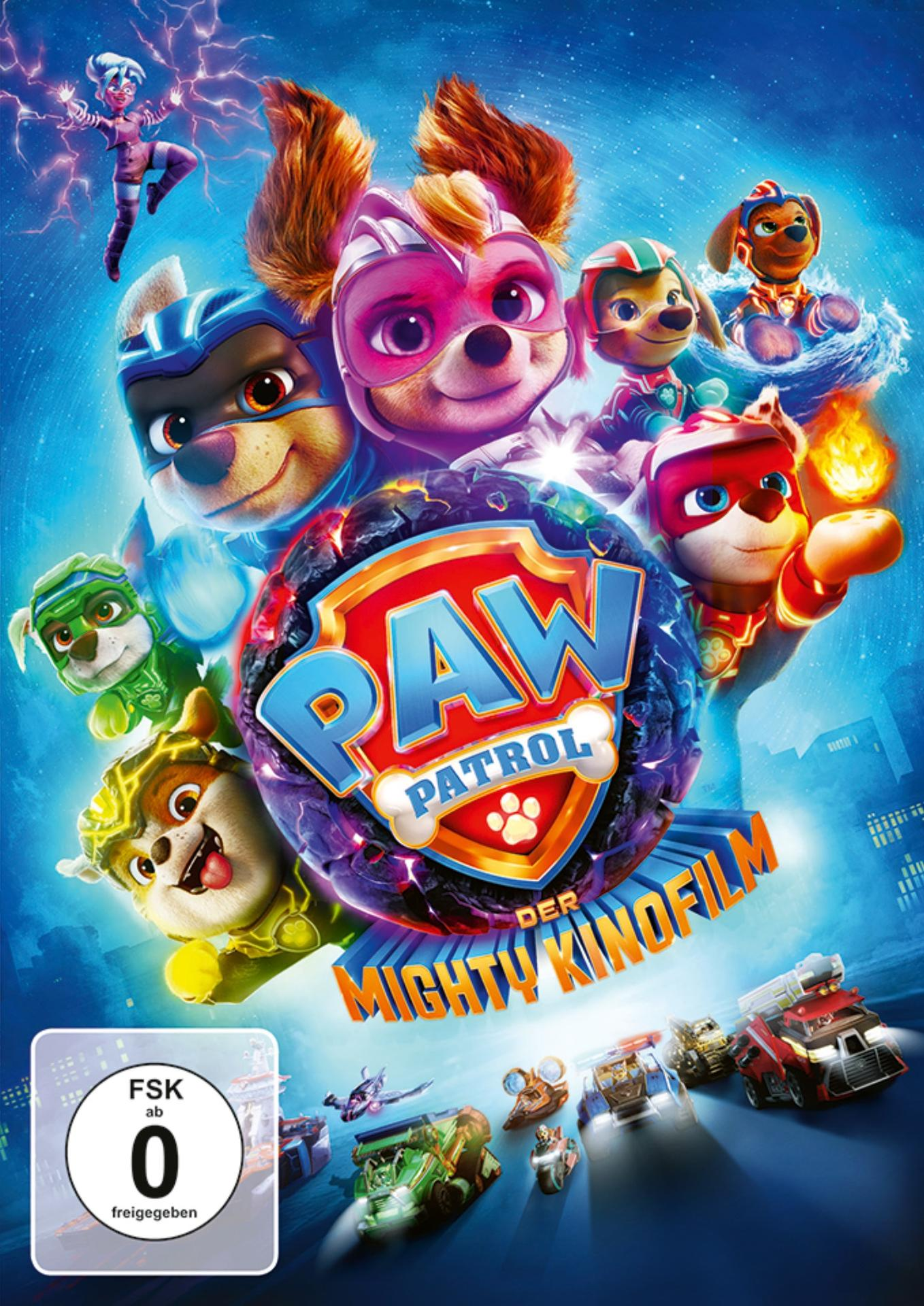 Filmplakat von Paw Patrol. Hunde in Superhelden-Outfits sind abgebildet. Text: 'Der Mighty Kinofilm'.