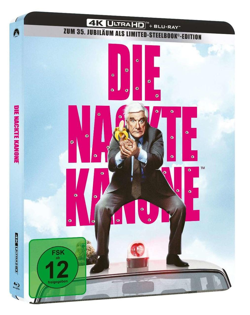 Filmcover von „Die nackte Kanone“ mit Leslie Nielsen, der eine Bananenpistole hält.