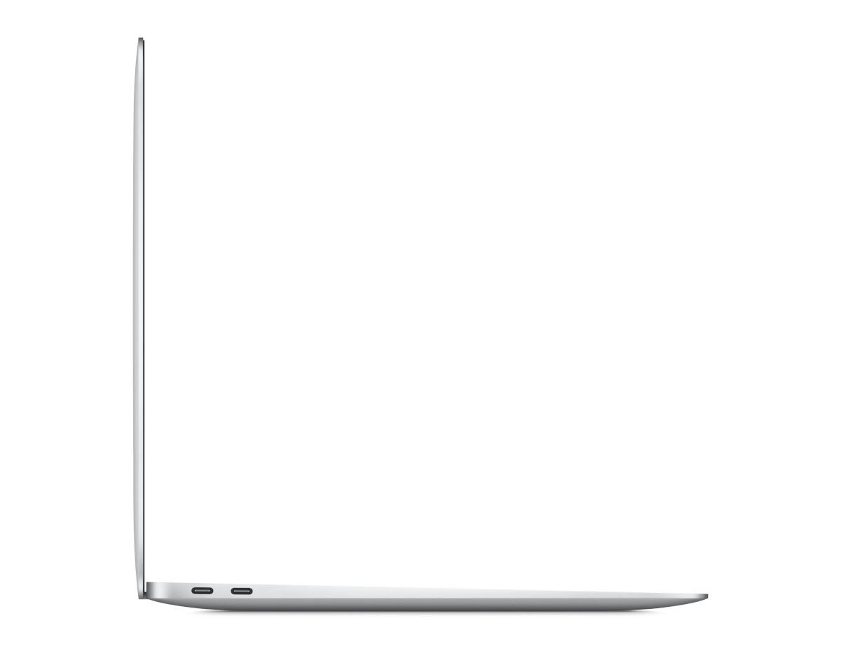 Widok z boku srebrnego laptopa na białym tle.