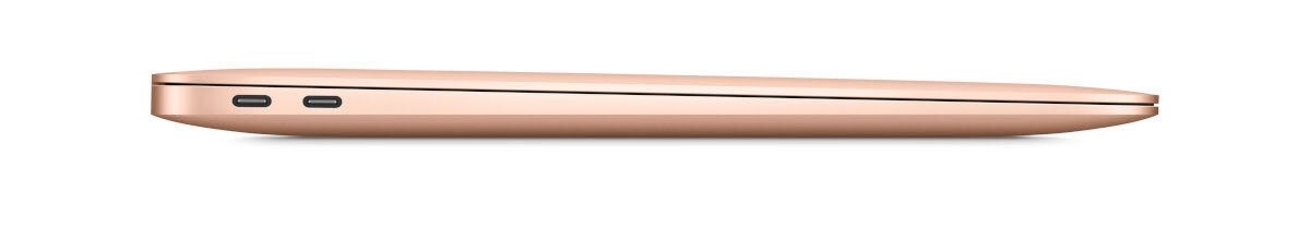 Widok z boku zamkniętego laptopa w kolorze różowego złota z dwoma portami USB-C.