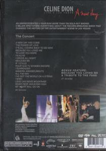 Celine Dion DVD tok. Szöveg és képek sötét háttéren.