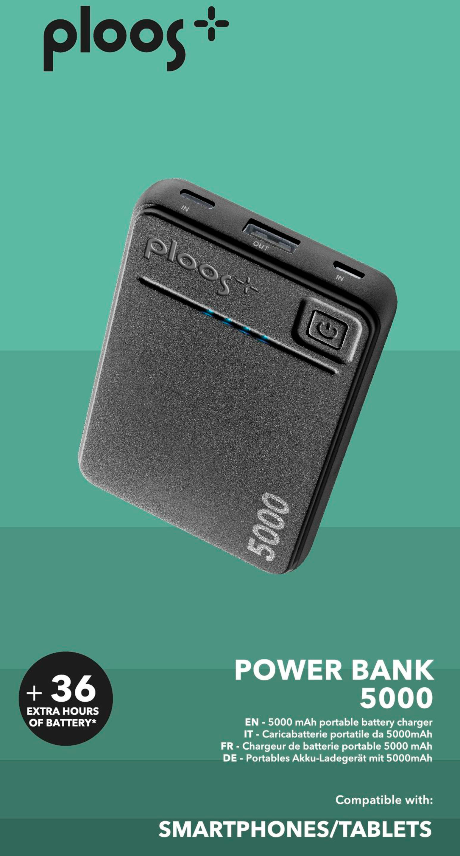 Un power bank nero con testo sopra.