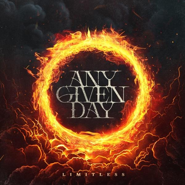 Albumcover mit feurigem Kreis um den Text 'ANY GIVEN DAY'. Dunkler, wolkiger Hintergrund.