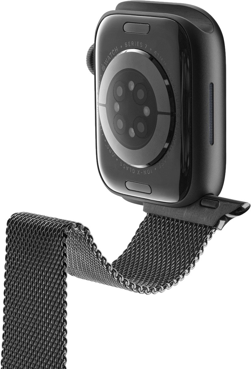 Schwarze Apple Watch Series 7 mit schwarzem Metallarmband, Nahaufnahme, vor weißem Hintergrund.