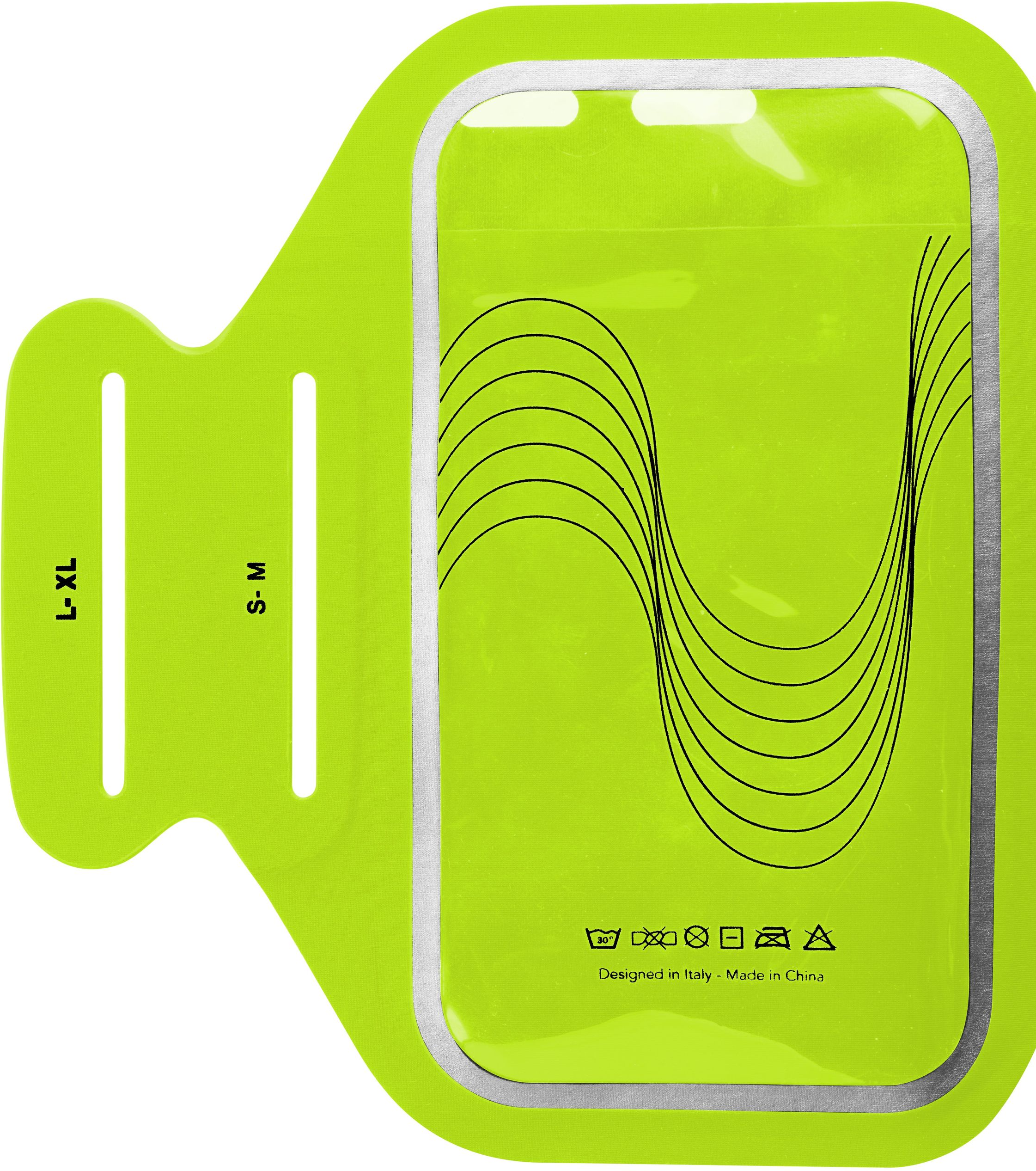Un brassard vert vif avec une poche transparente pour un téléphone, avec un motif de ligne ondulée.
