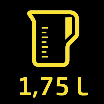 Gelbes Symbol einer Kanne mit Messmarkierungen. Darunter steht die Zahl 1,75 L.