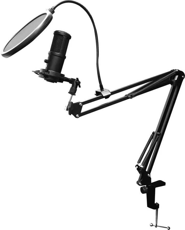 Microphone noir sur pied, un filtre anti-pop et un bras flexible, isolé sur fond blanc.