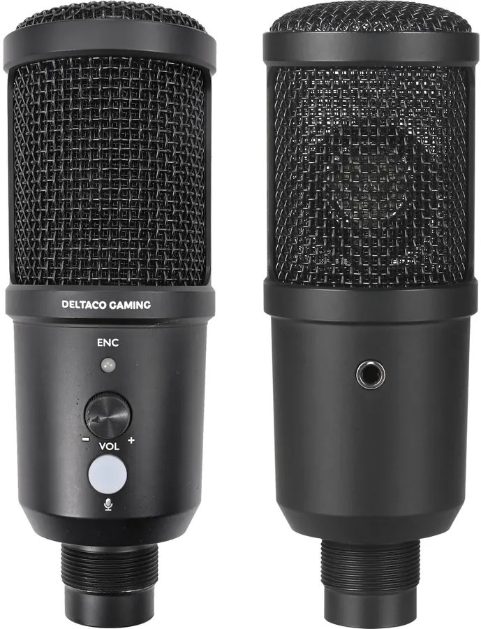 Deux microphones noirs côte à côte, avec une grille en maille à l'avant.