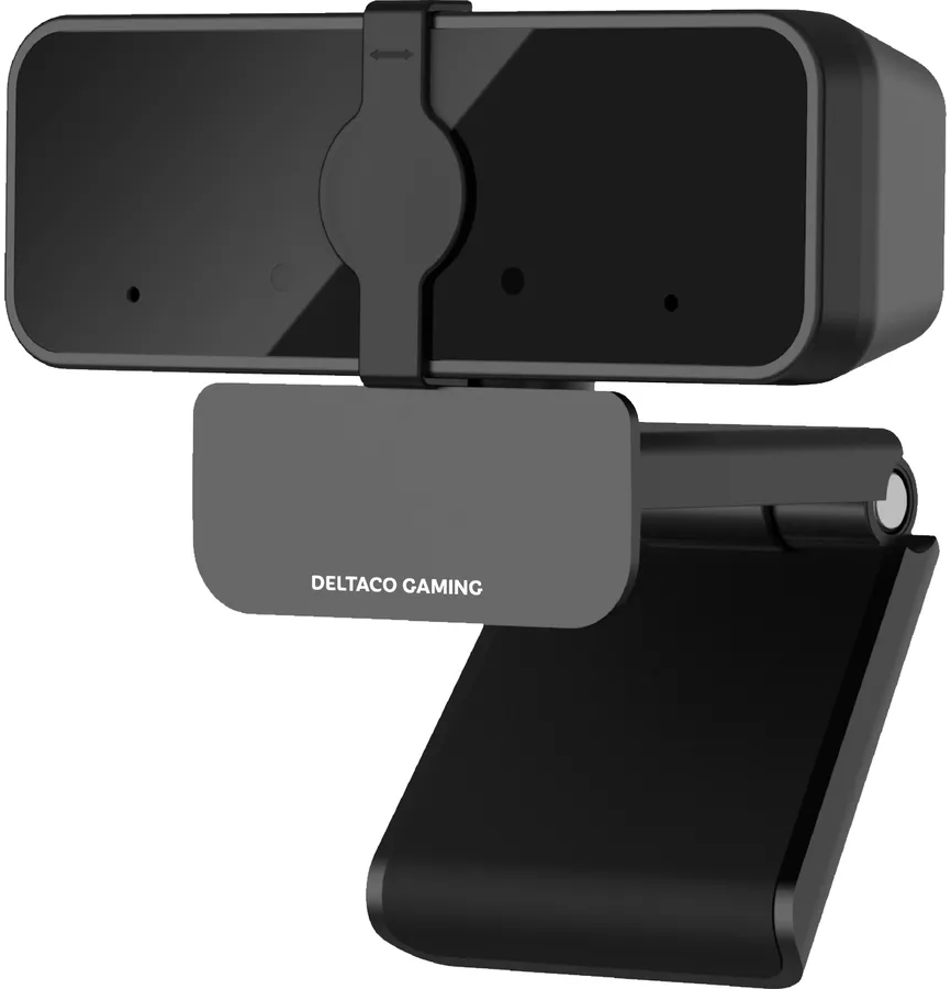 Une webcam noire avec un support de montage. Les mots DELTACO GAMING sont visibles.