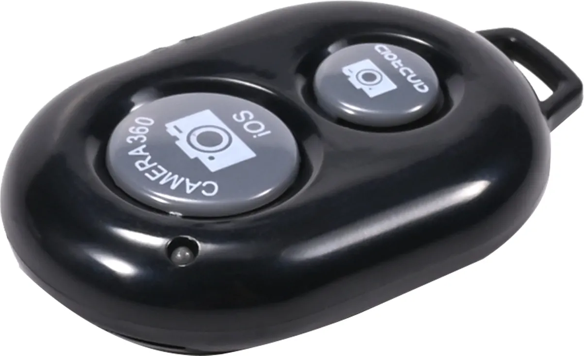 Télécommande noire avec deux boutons, un avec une icône de caméra et un autre avec une icône de caméra.