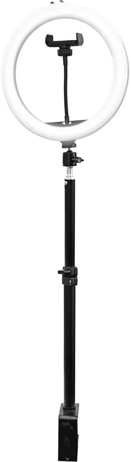 Une lampe annulaire avec un support de téléphone sur un pied noir. La lumière est blanche.