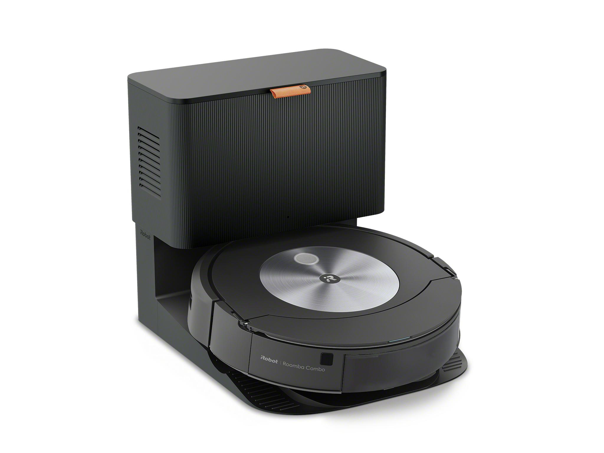 Schwarzer Roomba Combo Roboter-Staubsauger und Ladestation auf weißem Hintergrund.
