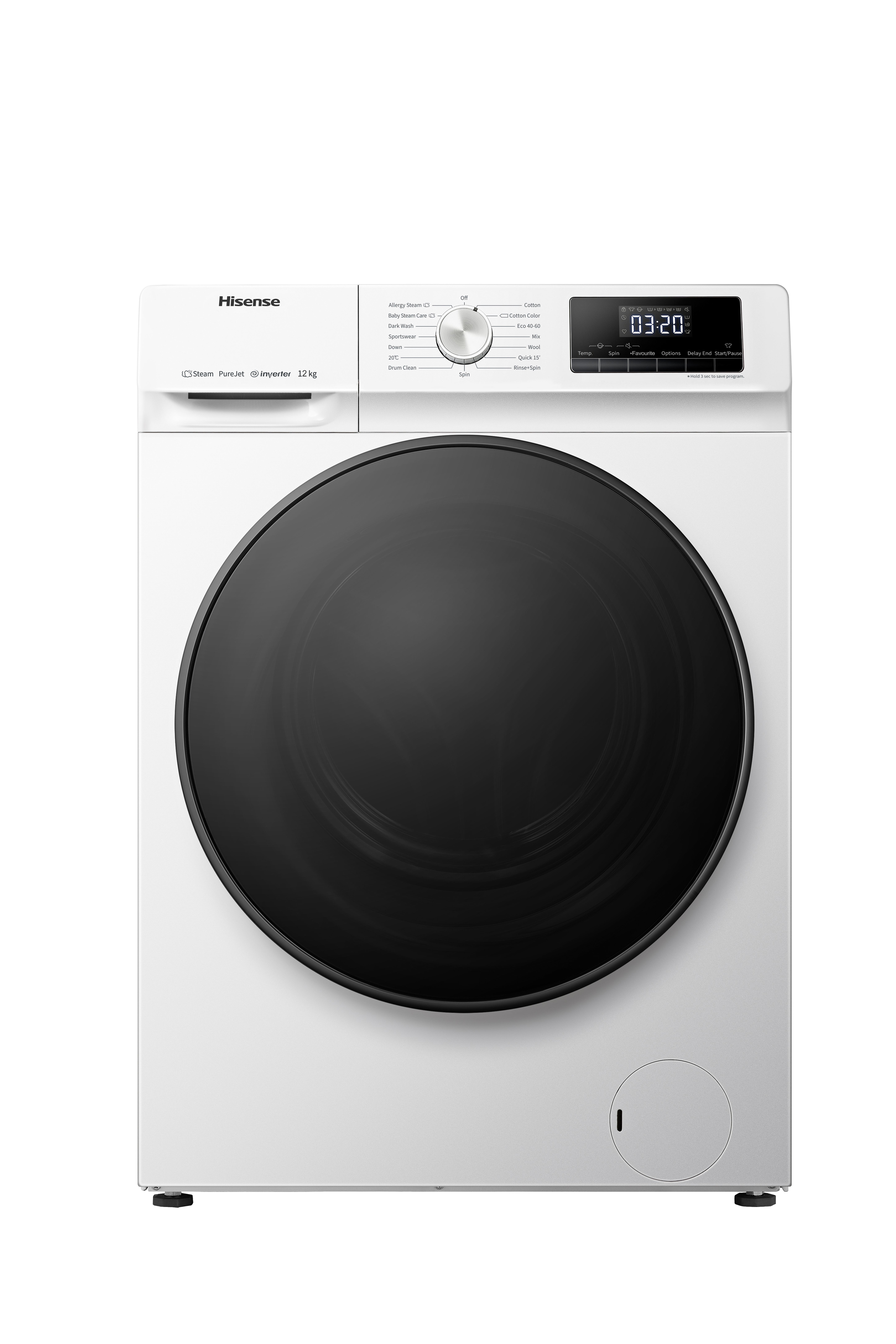 Weiße Hisense Waschmaschine, Vorderansicht. Schwarze Tür, Bedienfeld. Schwarzer Hintergrund.