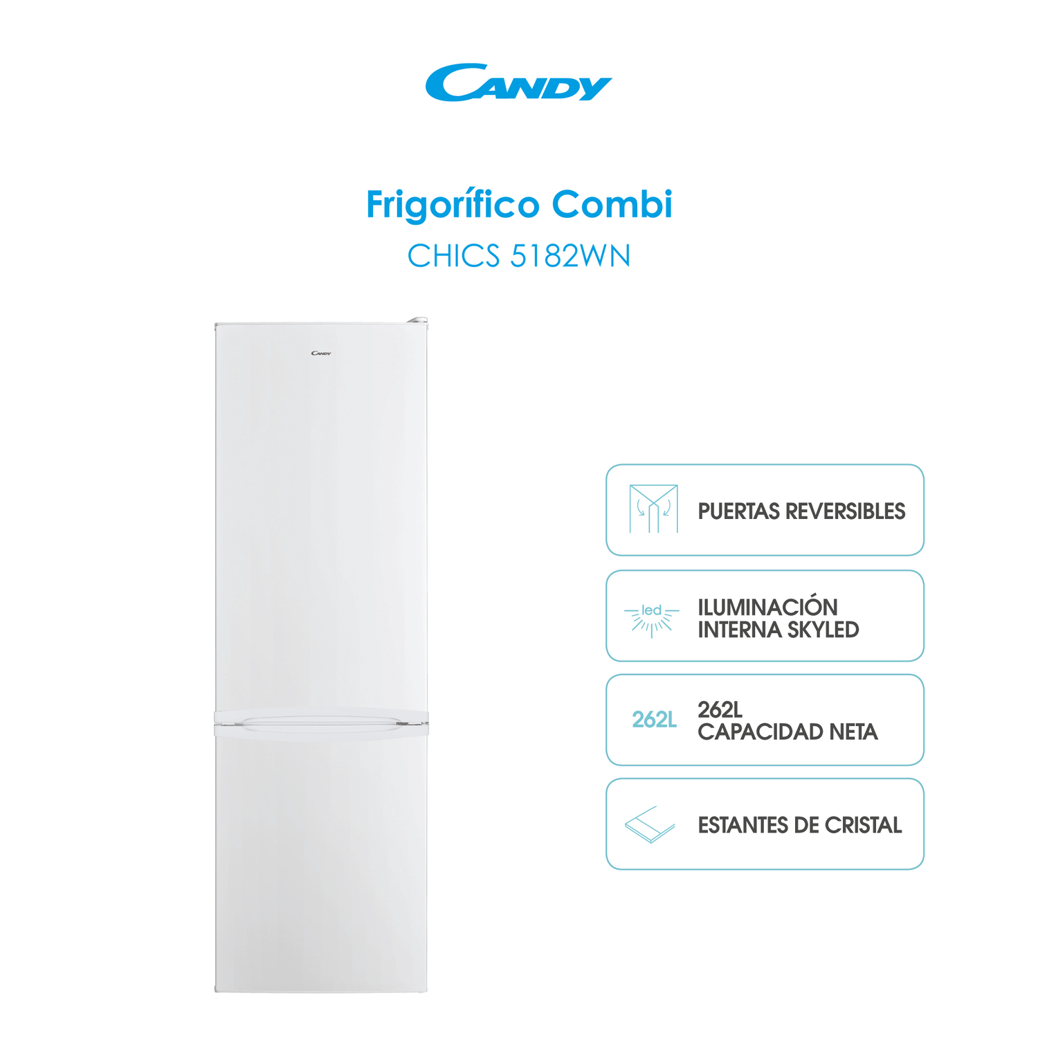 Un frigorífico-congelador Candy blanco con puertas reversibles, iluminación LED interna y estantes de cristal.