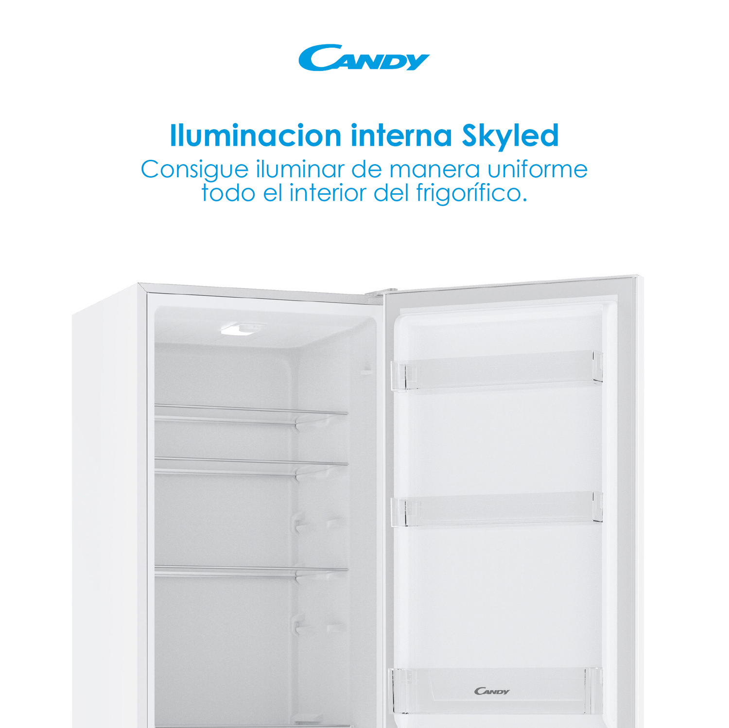 Un refrigerador blanco abierto con iluminación interior.