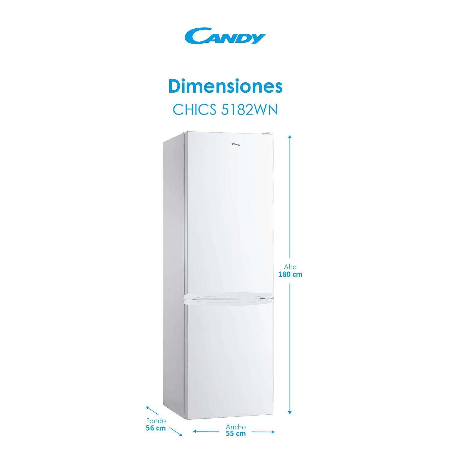 Un refrigerador Candy blanco con dimensiones en cm.
