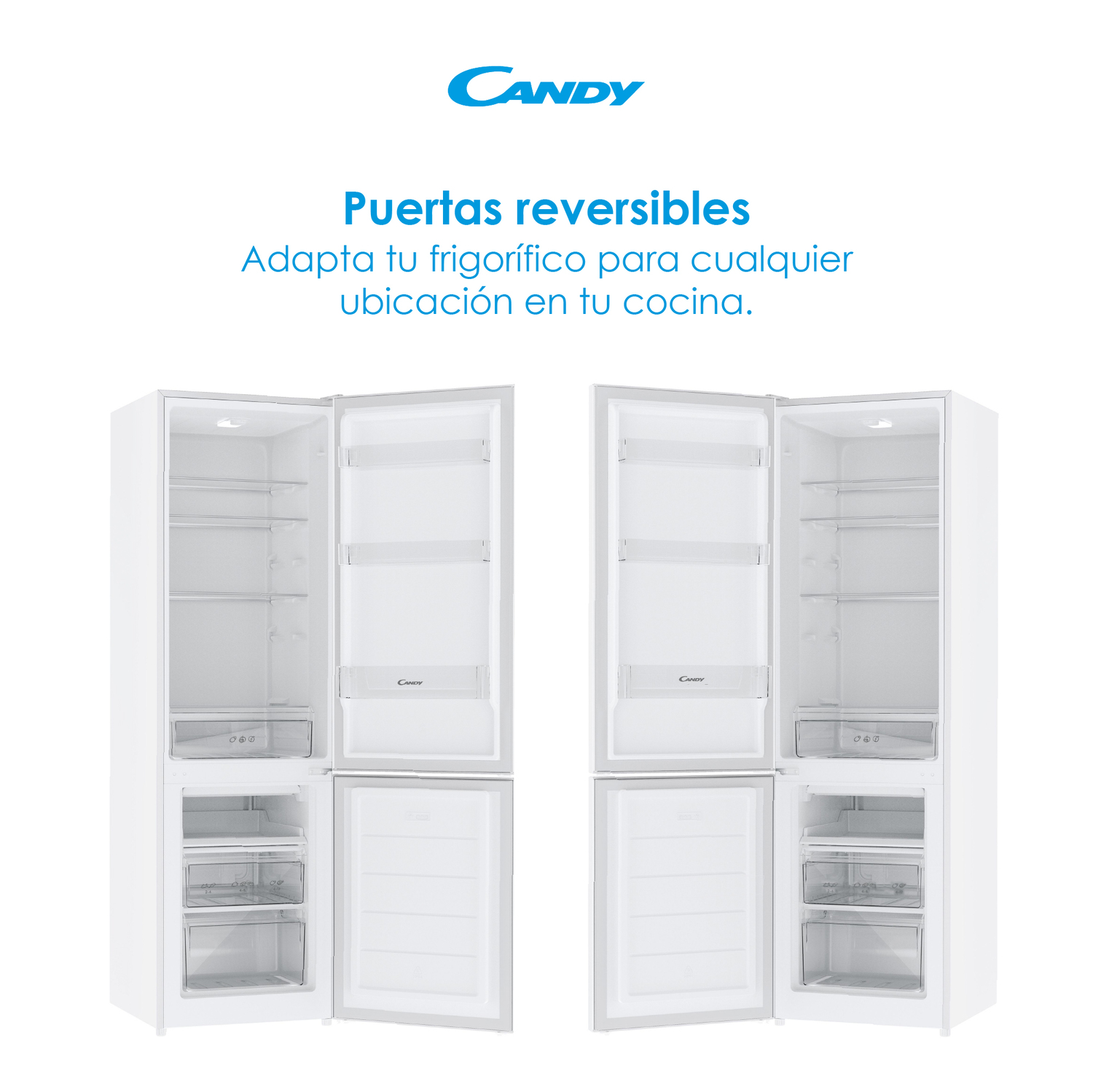 Refrigerador blanco con puertas abiertas. Logo Candy arriba. Texto sobre puertas reversibles.