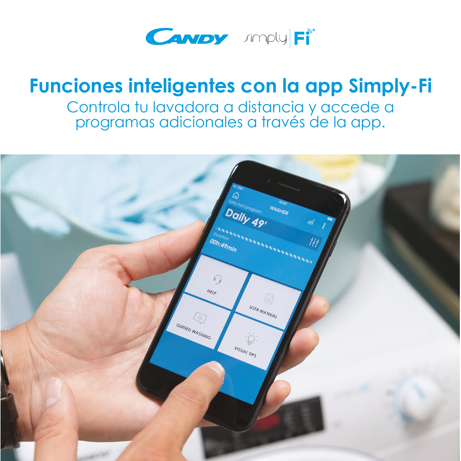 Las manos de una persona interactuando con la pantalla de un móvil que muestra una app de lavadora.
