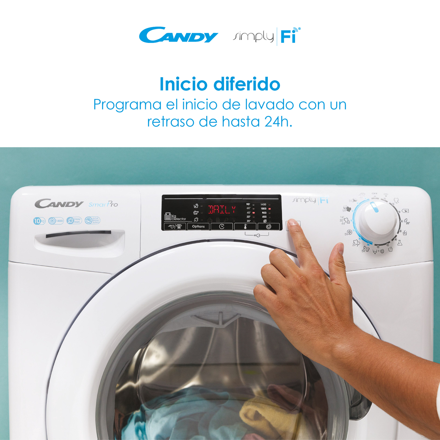 La mano de una persona presionando un botón en el panel de control de una lavadora.
