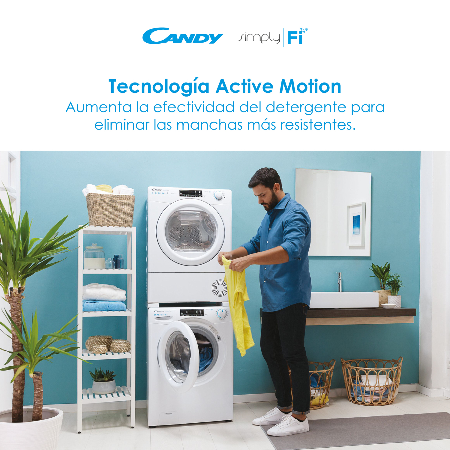 Hombre con lavadora y secadora. Texto dice 'Active Motion Technology' para quitar manchas.