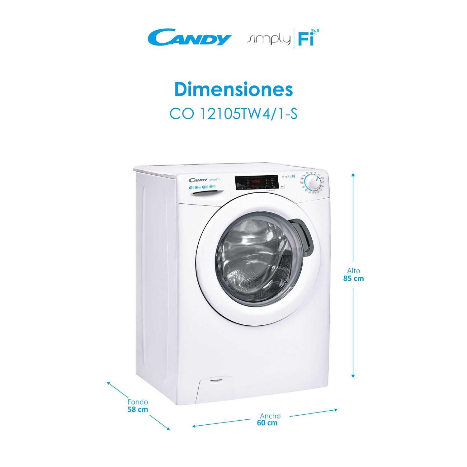 Lavadora blanca, dimensiones mostradas, fondo blanco.