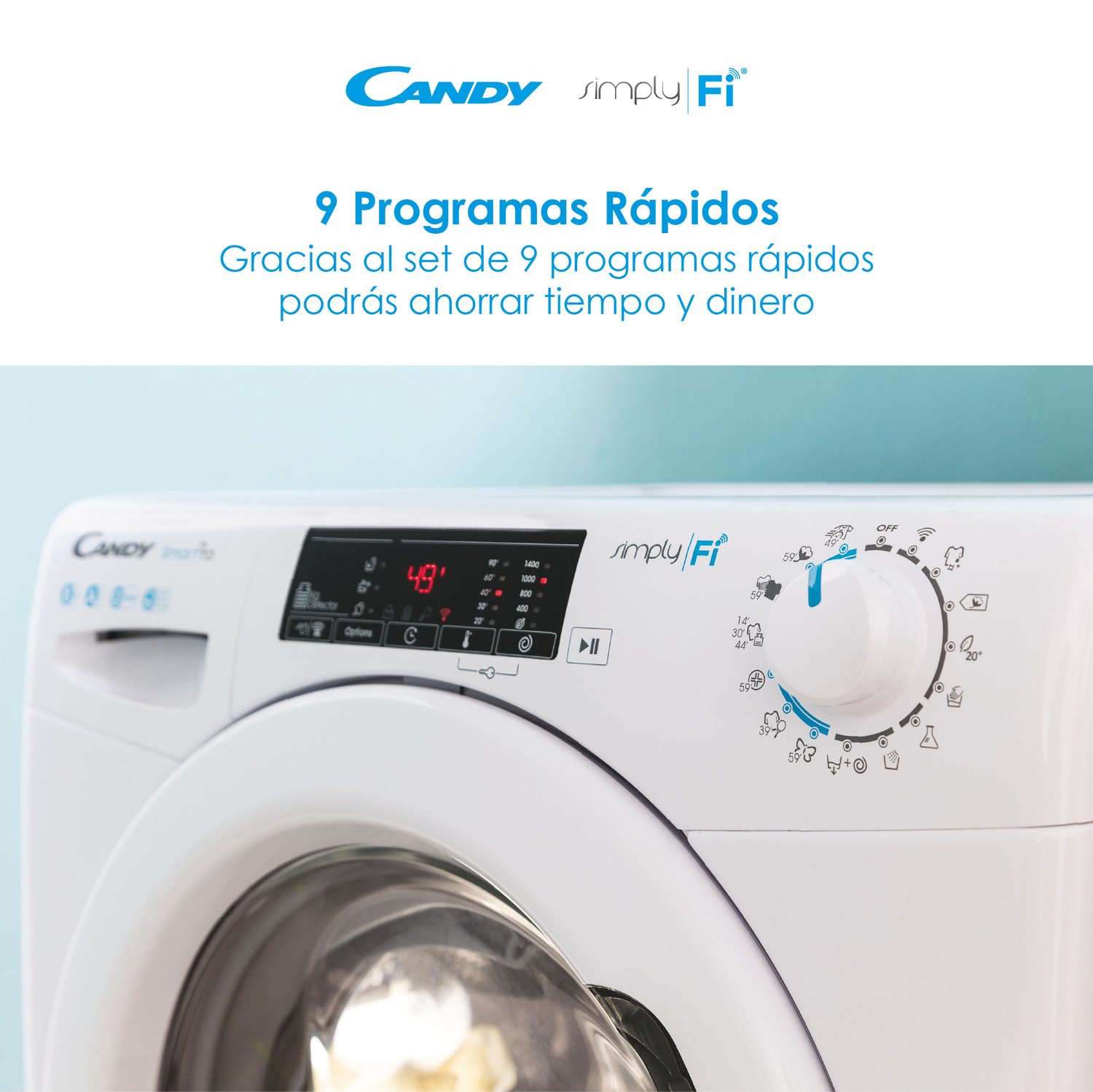 Una lavadora blanca con un panel de control. El texto en español es visible.
