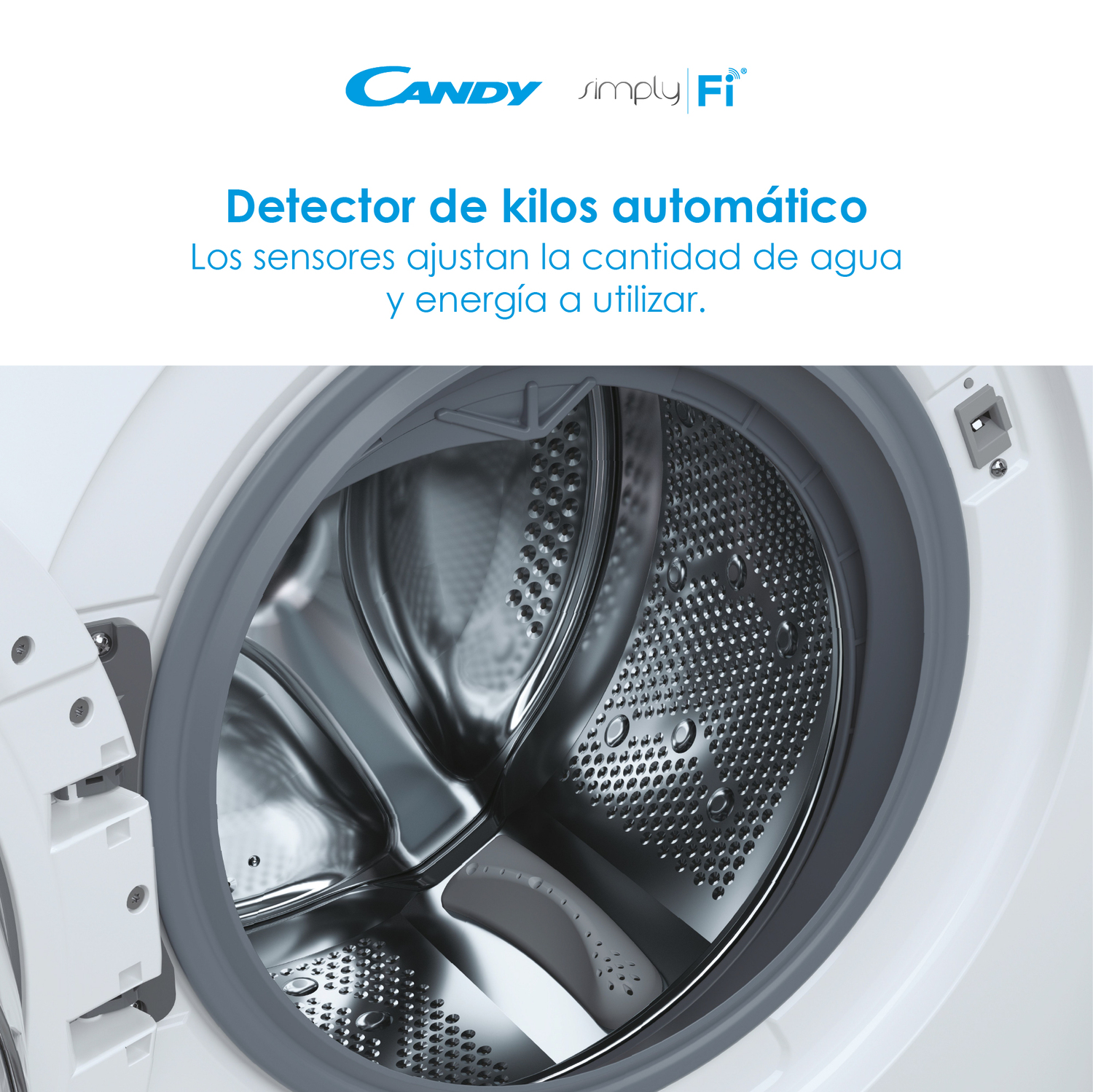 Primer plano del tambor de una lavadora blanca. Texto: 'Detector de kilos automático'.